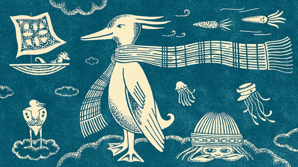 Whimsical drawing of a large bird in a scarf, a small boat with a mouse, flying squid, jellyfish, a crab in a hat, and another bird—all set against a blue, textured sky with clouds—perfect for publishing projects or adding charm to graphic design portfolios. | Glick and Fray Creative, Bellevue, Idaho